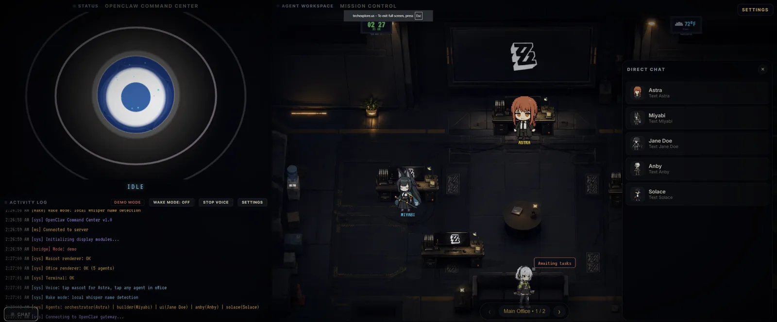 Command Center showing the agent office, activity log, and direct chat