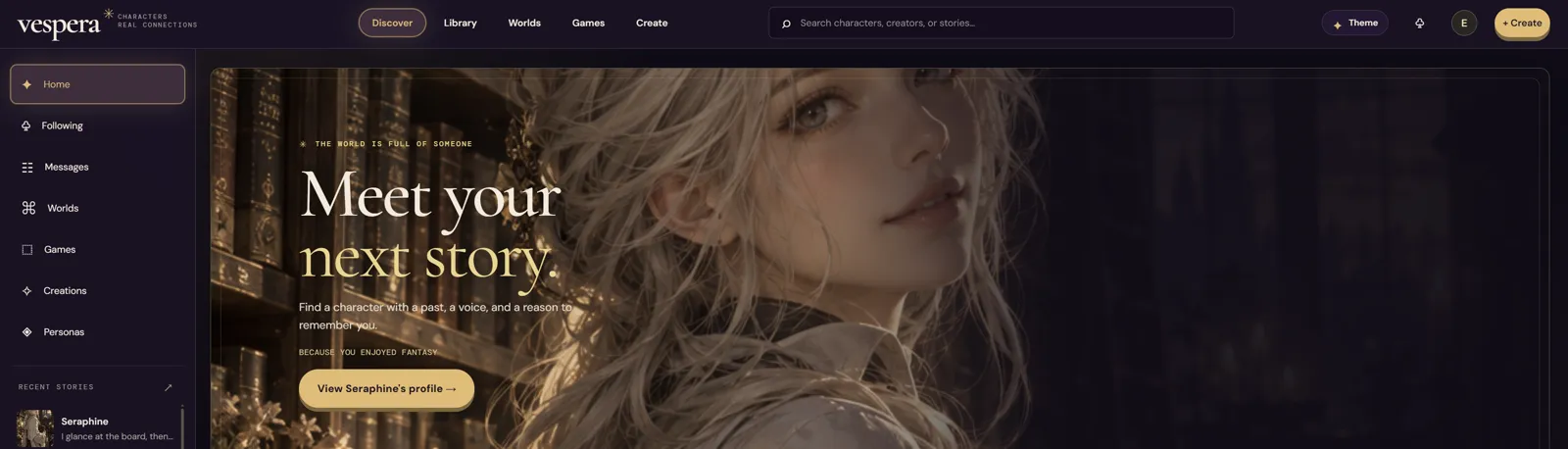 Vespera character discovery page featuring Seraphine